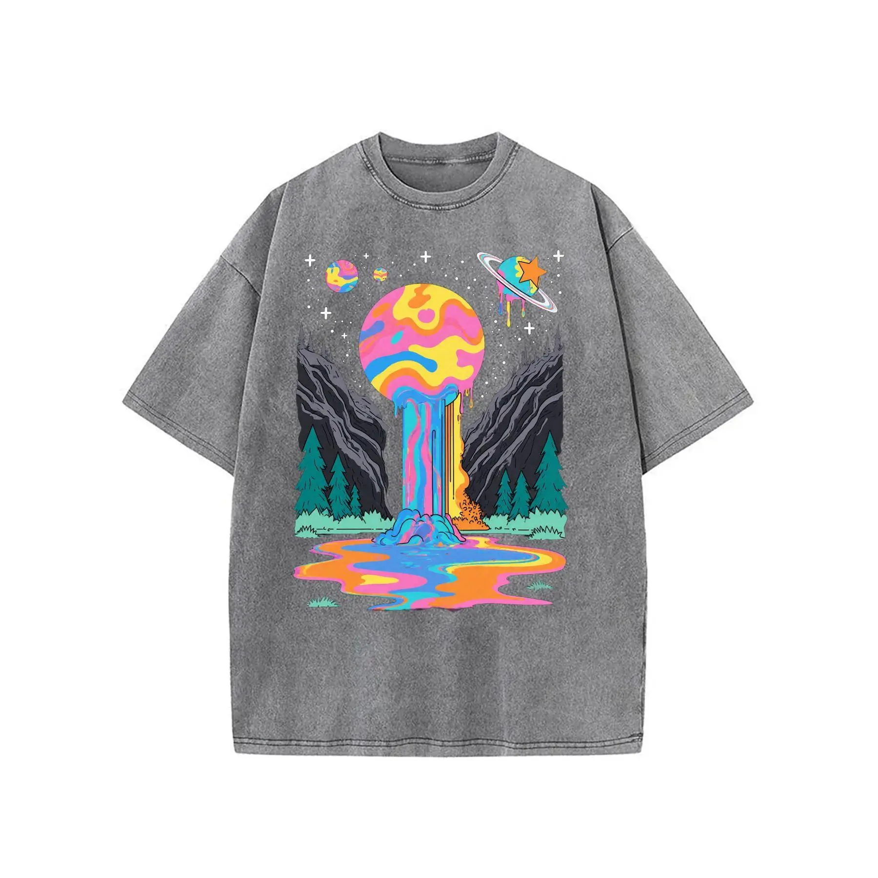 Men'S T-Shirt Featuring a Psychedelic Space And Nature Design - Soft Vintage with Colorful Planets, Dreamlike Waterfalls, And Mountains - Perfect Casual Crew Neck for Birthdays, Gifts, Outdoor Activities