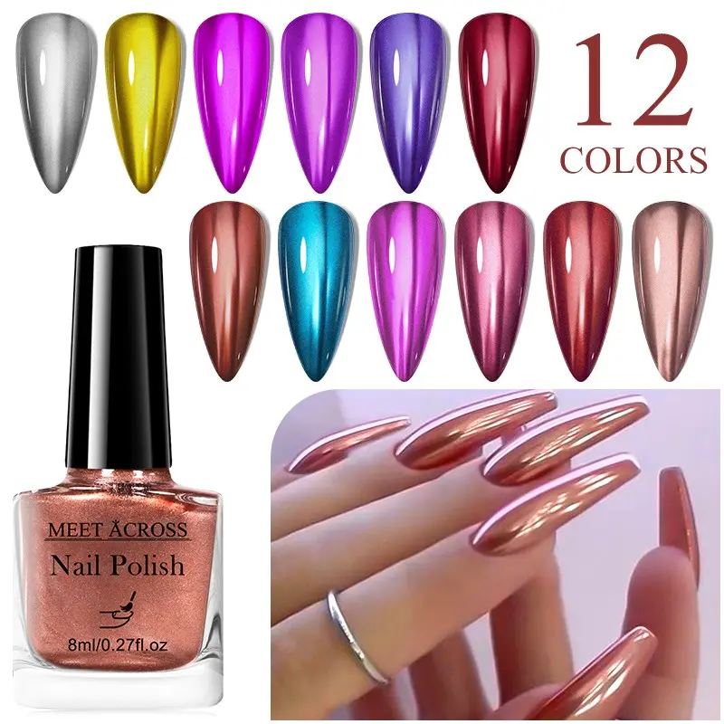 MEET ACROSS 12pcs Rose Golden Metallic Long Lasting Nail Polish Lacquer Gel, Quick Dry Formula, Long Stay, Durable Chrome Finish, Salon Quality, Fast Dry Polished Metallic Finish, Alcohol-Free, Parties, Cosplay & Holiday Gifts, Chrome Nails