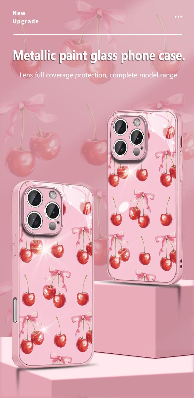 Pink Bow & Cherry Pattern Tempered Glass Case for iPhone 13/14/15/16 Pro/17 Pro Max Exquisite Design Drop-Resistant Scratch-Proof Protection Full Camera Lens Coverage