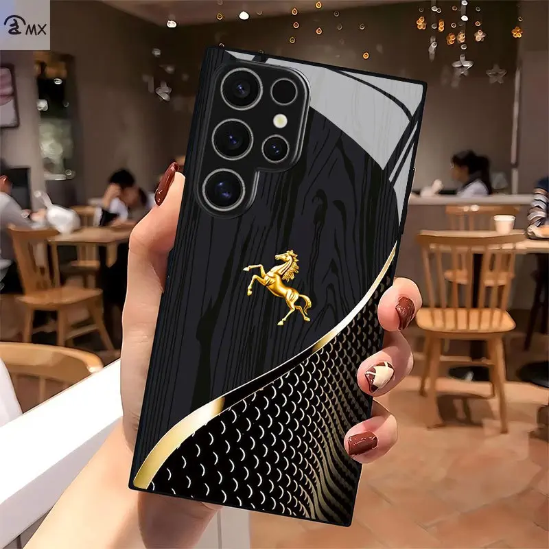 Black-Gold Glass Phone Case with Black Wood Texture & Golden Horse Pattern, Shockproof Shatterproof Accessory for Galaxy S26 S25 S24 S23 S22Pro S21 S20 Fe Plus Ultra Pro A56 A55 A54 A53 A52 A51 A36 A35 A34 A32 A26 A25 A24 A23 A16 A15 A14 A06 A05 A03s