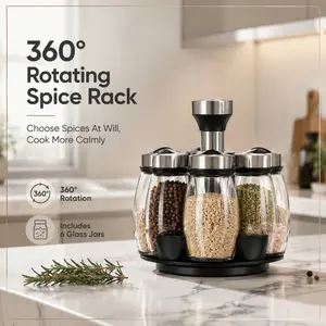 360 Degree Rotating Spice Rack Organizer with 6 Empty Glass Jars, Countertop Revolving Seasoning Bottle Storage Holder for Kitchen Cooking