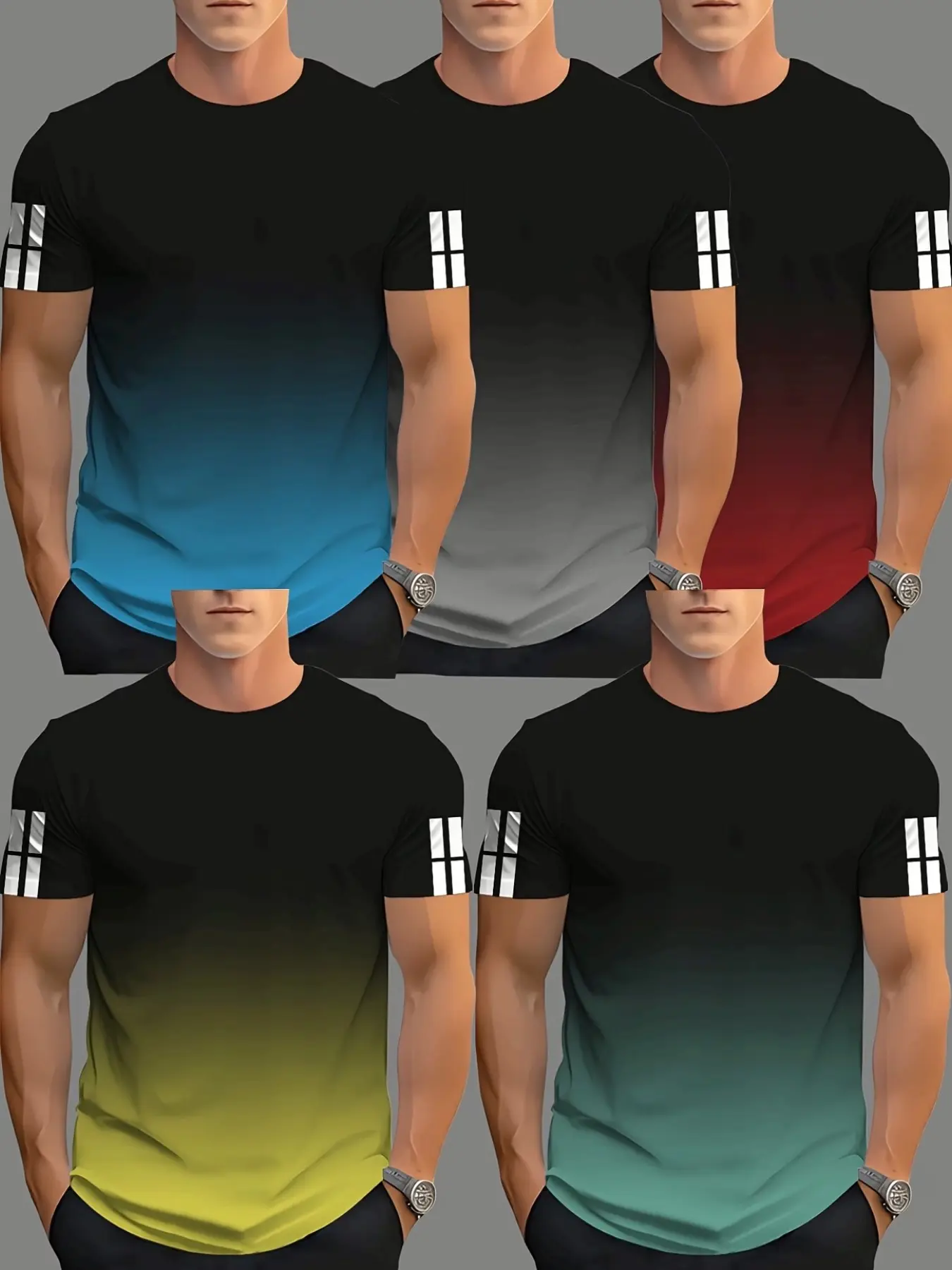 5 Pack Men's Creative T-Shirts, Top, 3D Digital Print Short Sleeve, Summer Outdoor Wear, Casual Slim-Fit, All Seasons