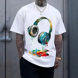 Artistic Headphones CVC Cotton T-Shirt, a versatile street-style casual men's top that pairs well with jeans and beige pants. It is a fashionable t-shirt, featuring a round neck and short sleeves, suitable for tropical shoe styles.
