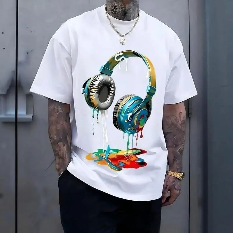 Men's Casual CVC Cotton Round Neck Short Sleeve Plain Top - Artistic Headphones Graphic, Relaxed-Fit Streetwear Tee for Art Enthusiasts, Fitted Sports Top Option