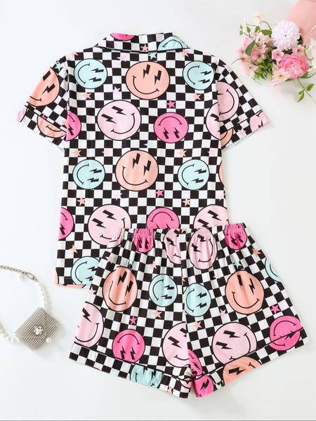 Women's Sleepwear Set, Smiley Face Print Pajamas, Lapel Button Short Sleeve Top & Elastic Shorts, Casual Fitted Nightwear