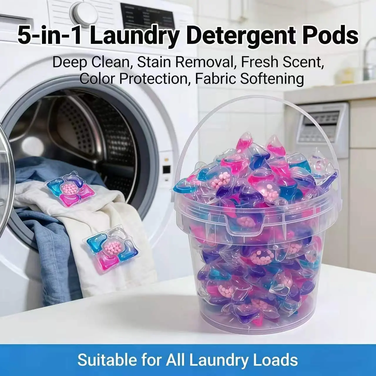 Laundry Capsules 5-In-1, Detergent Pod, Deep Cleaning Stain Remover, 58pcs/98pcs Bag, 500g Bucket, Household Essential, Easy-To-Use Laundry Helper