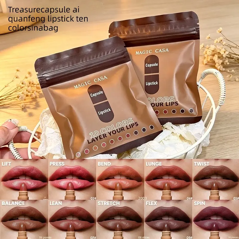 10-Piece Portable Mini Matte Lip Sticks Set, Classic Versatile Brown Shades Fit All Skin Tones, Silky Hydrating Lip Care with Elegant Matte Texture, Long-lasting Color Lock & Anti-fade, Compact & Easy to Carry, Ideal Daily Commute Lip Makeup for Students