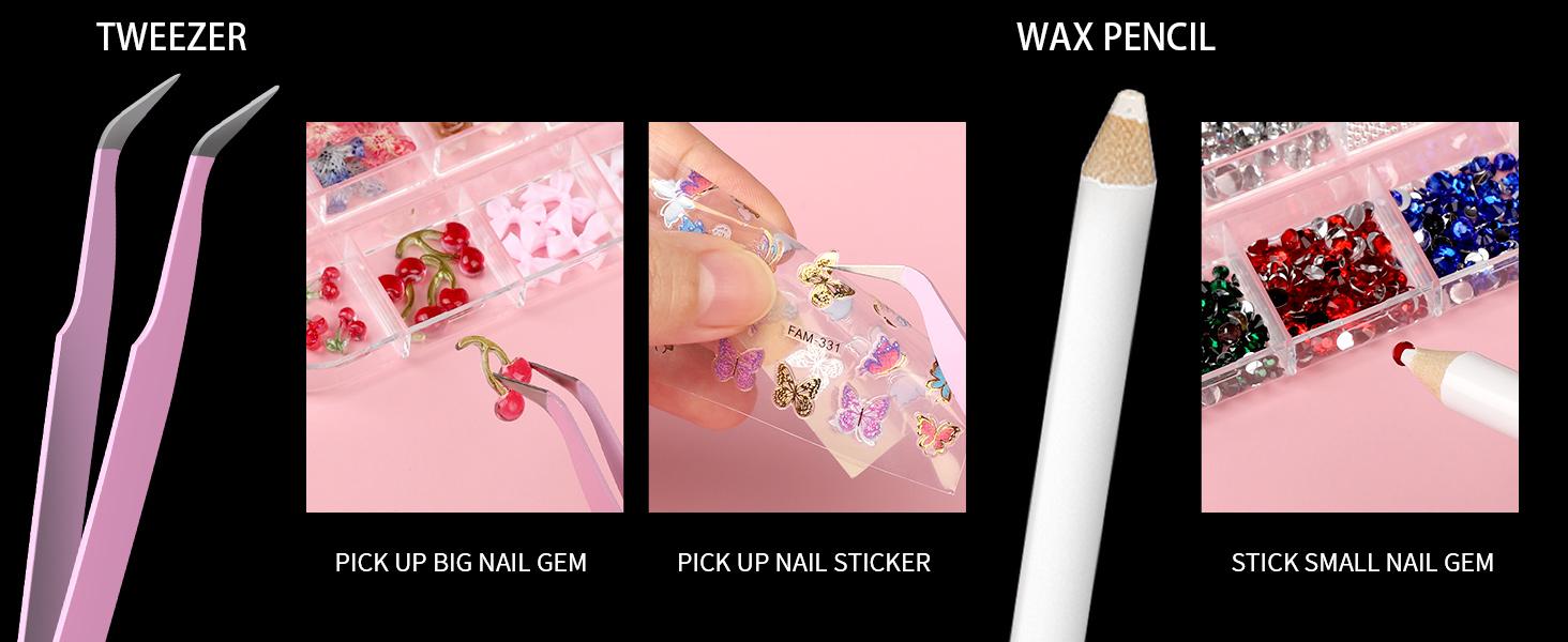 4 Boxes Nail Charms and Gems Set, Nail Rhinestones Nail Kit with Nail Art Brushes Nail Stand, Nail Gems Nail Design Tools with 15pcs Nail Stickers, Gold Nail Pearls for Women Nail Decorations