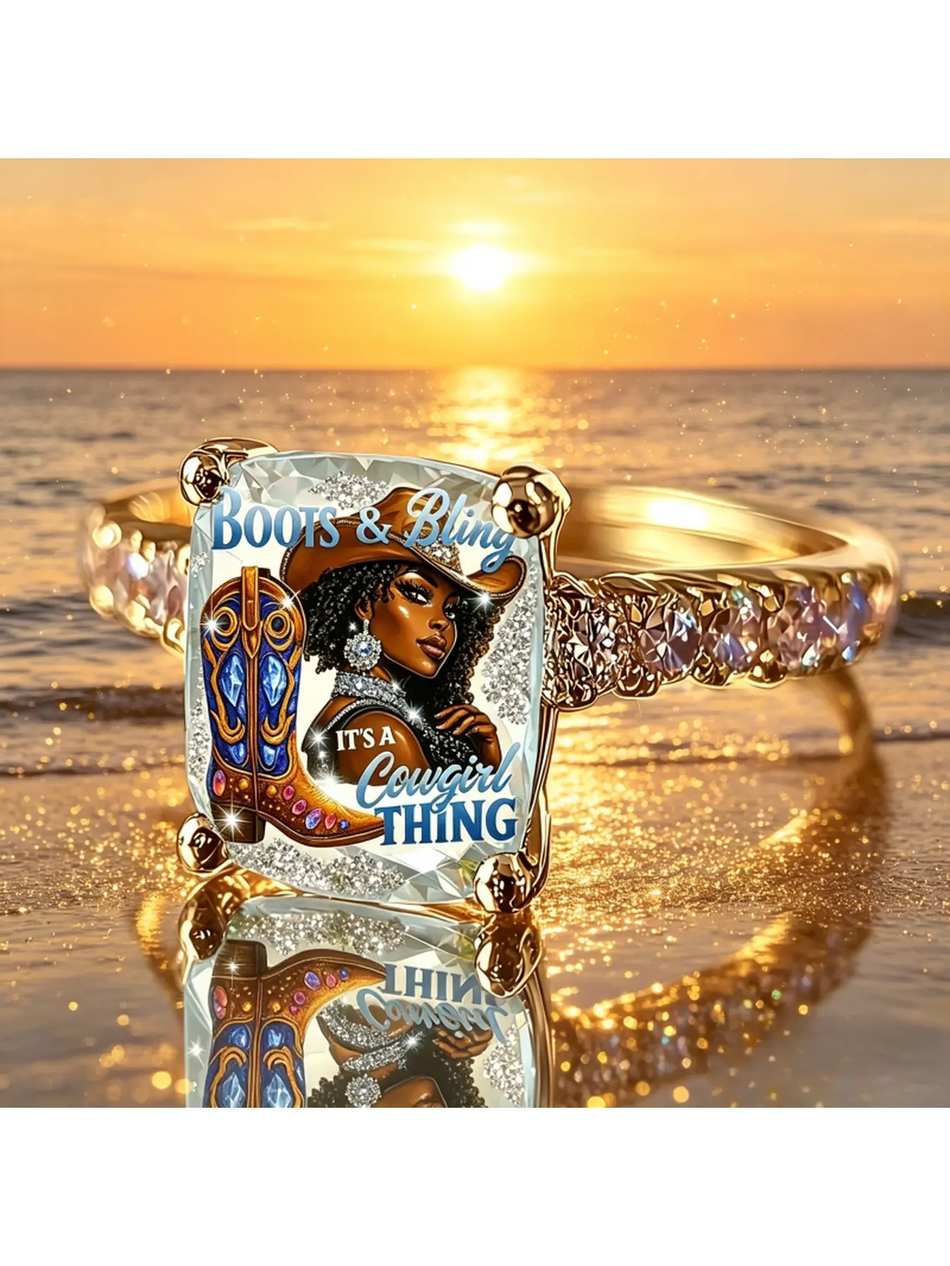 Vintage Western Cowboy Boots for Ladies, Long Rectangle Crystal Engraved Diamond Ring - American Country Style, Unique and Small-Scale Jewelry, Cool and Bold Girlish Aesthetic Gift Accessories