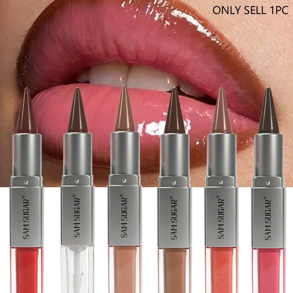 Double head lip gloss balm lipliner lipstick two in one moisturizing texture durable gloss easy to apply natural lip makeup