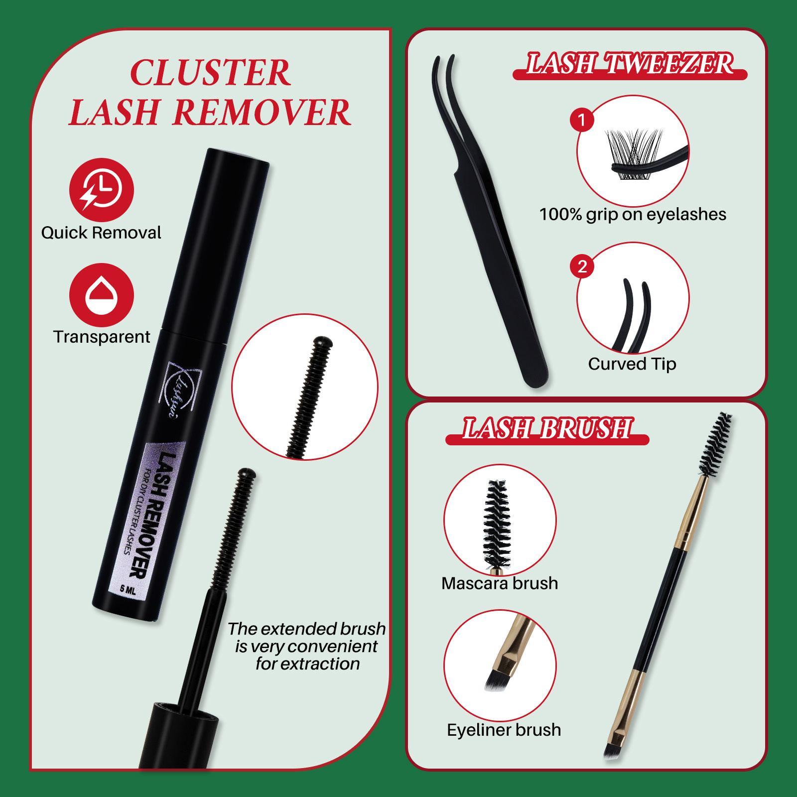 LASHSUN CHRISTMAS GIFT 10PCS Kit , D Curl 8-16mm DIY Lash Clusters Kit Multi-Type Lash Volume Eyelash Clusters with Bond&Seal Lash Remover Lash Brush Tweezers DIY Eyelashes Kit