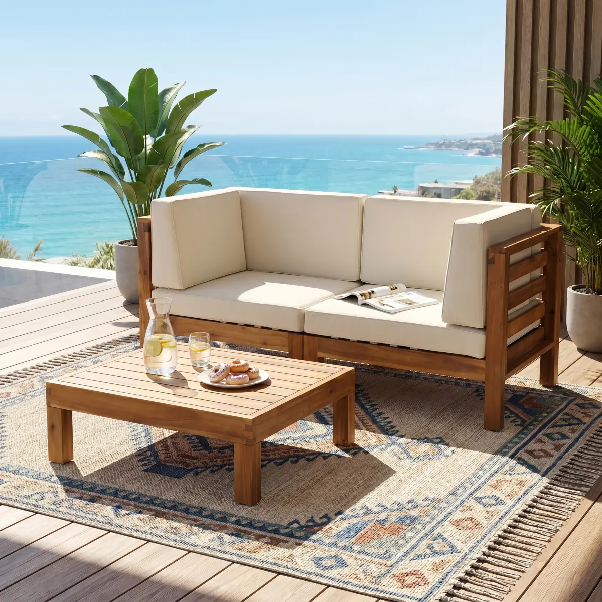Christopher Knight Home® OANA Beige 3-Piece Outdoor Love Seat Set with Water-Resist Acacia Wood Square Coffee Table