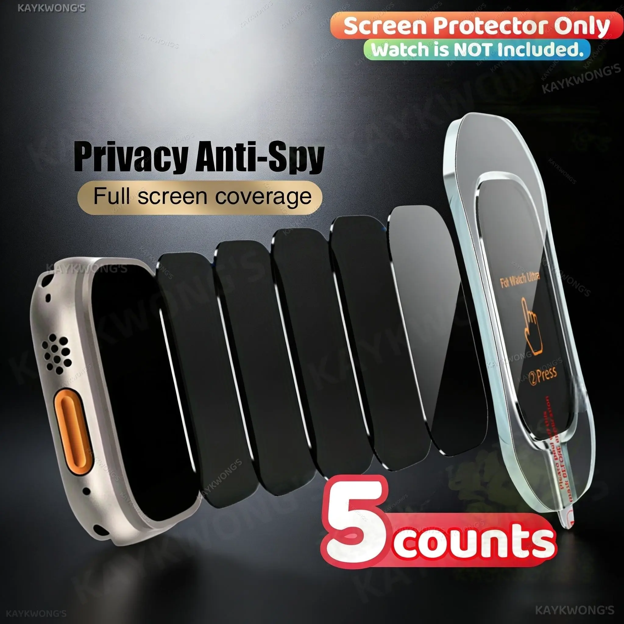KAYKWONG'S 5-Pack Watch Screen Protector Film, Smartwatch Accessories, with Installation Tool, HD Clear Tempered Glass, Anti-peeping Protection, Compatible with Apple Watch Ultra 1/2 Series 49mm, Durable & Scratch-Resistant, Easy Installation