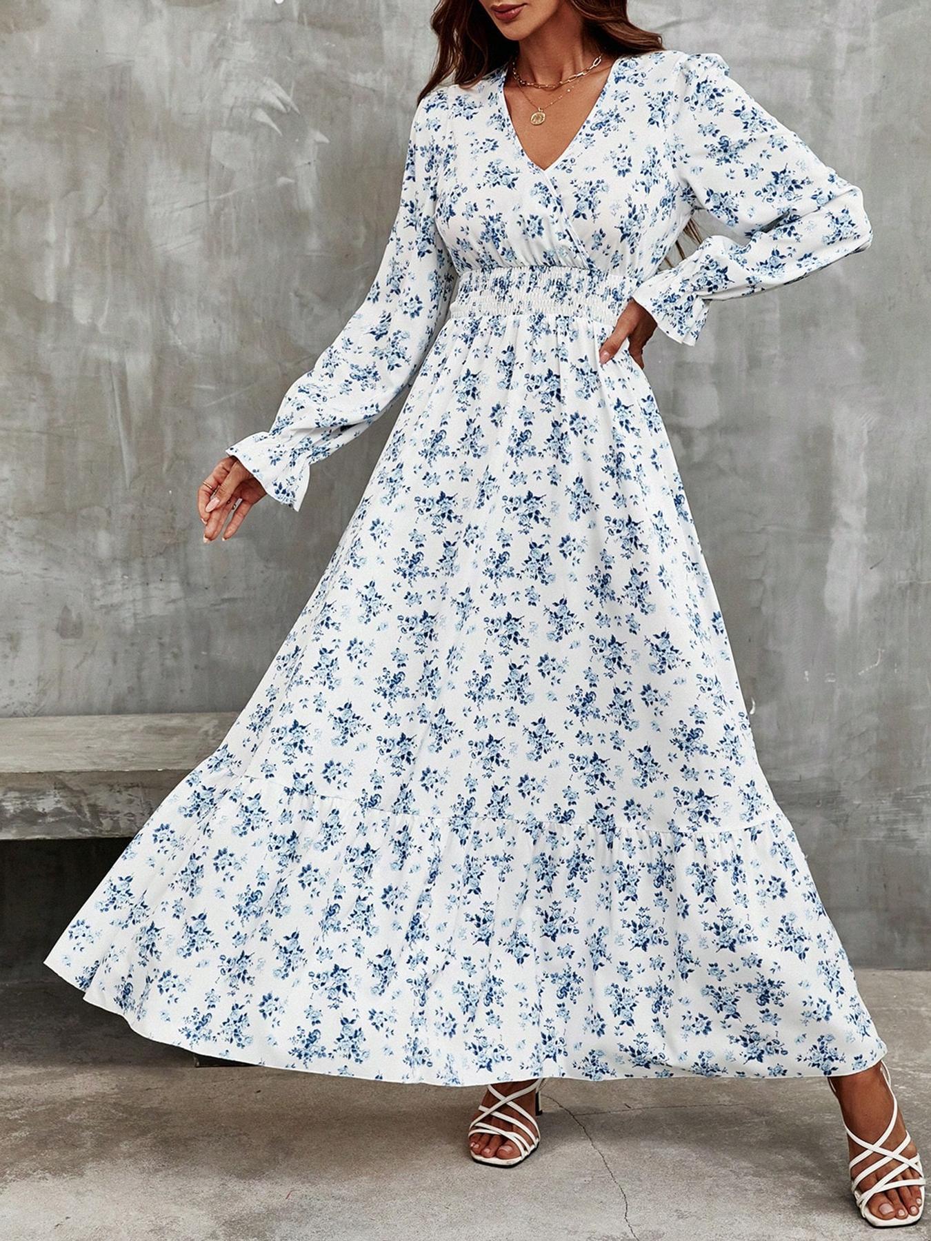 Women's Long Sleeve V Neck Fitted Woven Dress, Casual Elegant Style, Perfect for Daily Wear & Leisure Activities, All Season Comfortable, Spring