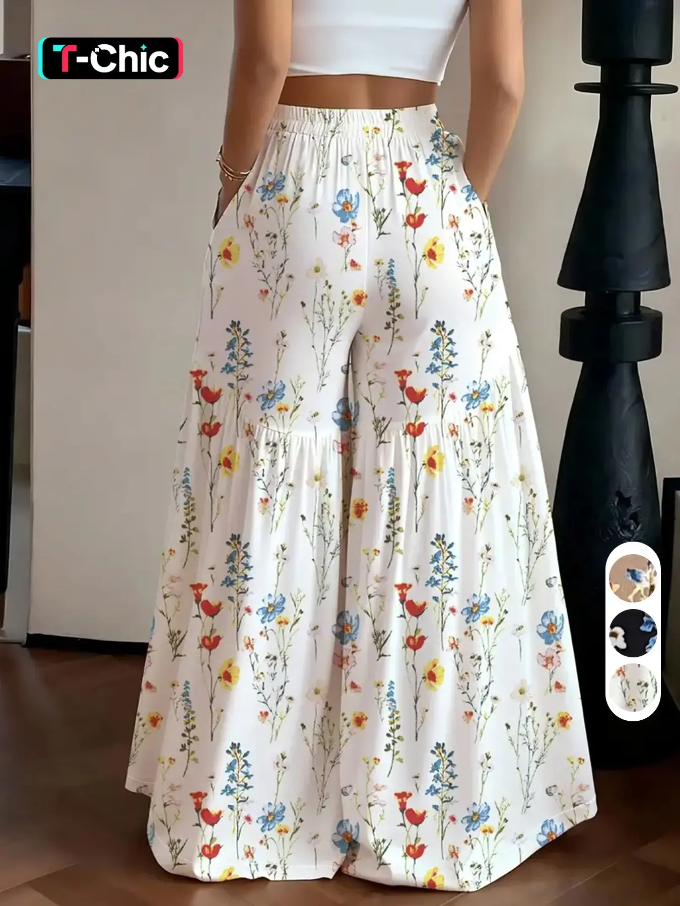 Simple Versatile Casual High Waist Baggy Bohemian Floral Pants, Daily Wear Long Pants, Relaxed Office Style Loose, Summer New Vacation Leisure Pants, Light Mature Everyday Casual Pants Ff2630