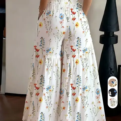 Simple Versatile Casual High Waist Bohemian Floral Pants, Daily Wear Long Pants, Relaxed Office Style Loose, Summer New Vacation Leisure Pants, Light Mature Everyday Casual Pants Ff2630, Loose Wideleg