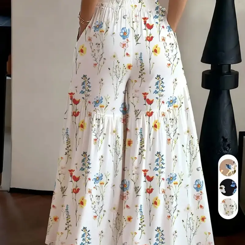 Simple Versatile Casual High Waist Bohemian Floral Pants, Daily Wear Long Pants, Relaxed Office Style Loose, Summer New Vacation Leisure Pants, Light Mature Everyday Casual Pants Ff2630, Loose Wideleg