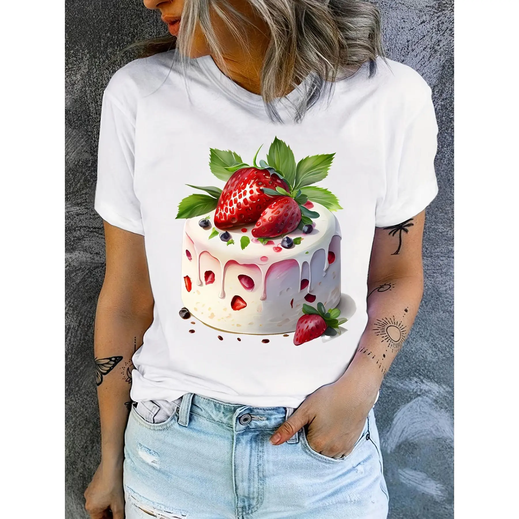 Women's Plus Size Cotton Blend T-Shirt - Round Neck, Short Sleeve, Vibrant Strawberry Shortcake Print, Dessert Dripping Frosting Graphic Top for Summer Casual Wear, Regular Cut, Machine Washable, Dessert Graphic