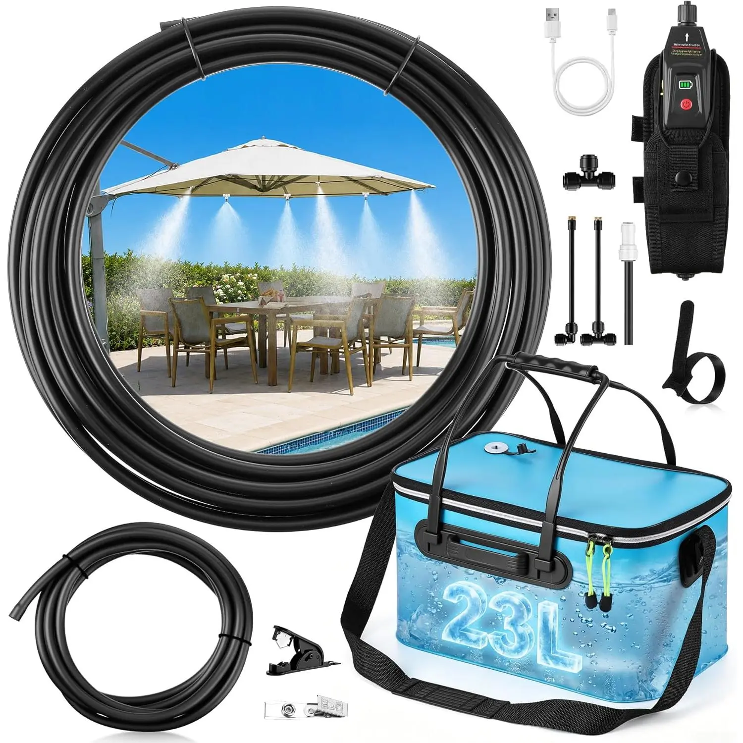 6Gallon Portable Misting System, 30FT Water Cooling Mister with Pump, Blue | Portable Misters for Outside with Foldable Bucket 8 Mist Nozzles for Patios, Golf Carts, Greenhouses, Canopy, Camping, Hiking