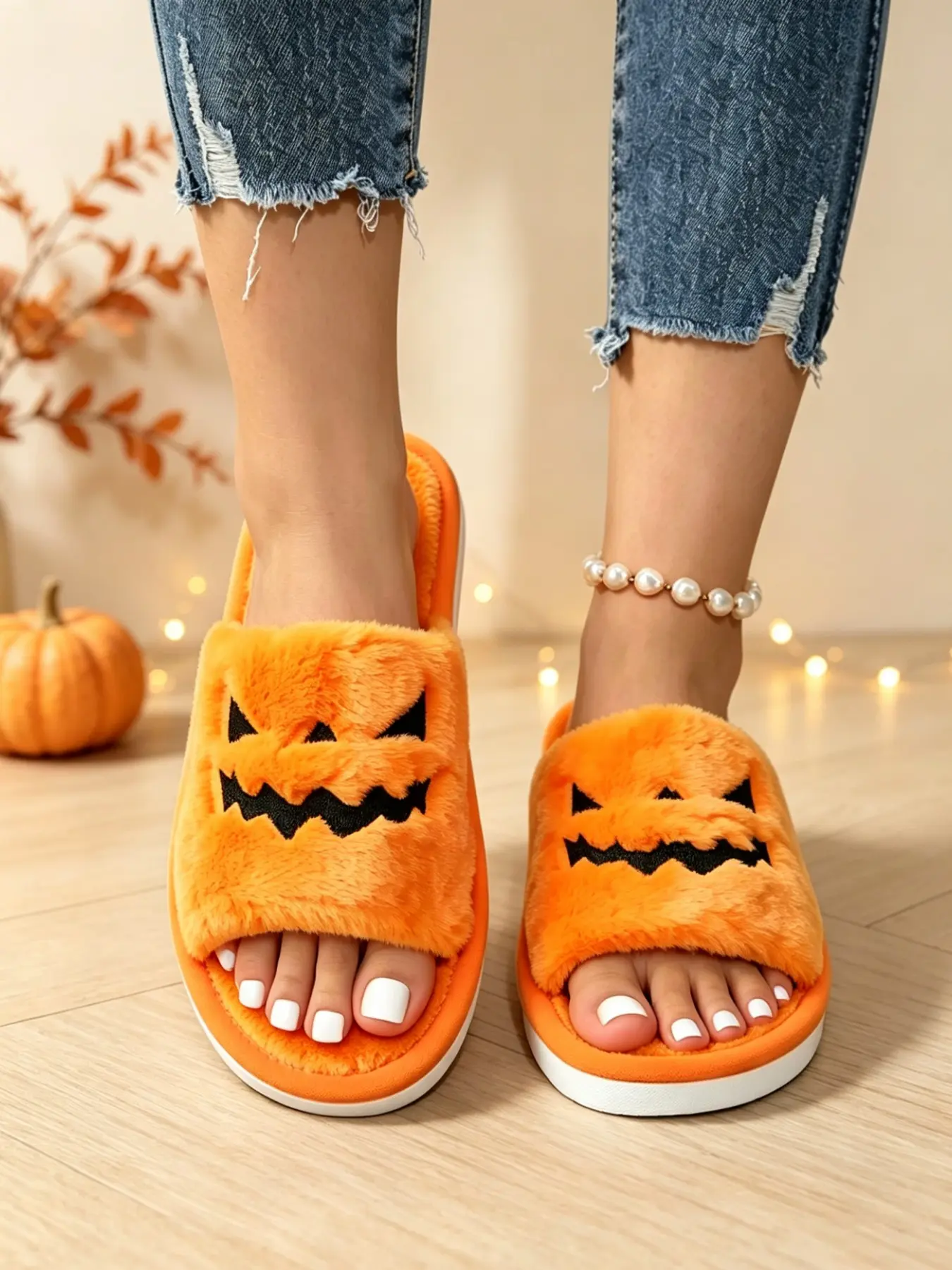 Women's Halloween Embroidered Pumpkin Emoji Plush Soft Fuzzy House Slippers, Open-Toe Flat Non-Slip Indoor Casual Home Shoes, Trendy Comfortable Footwear