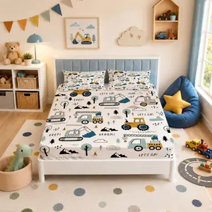 Construction Vehicle Fitted Sheet Set, 3 Pcs (1 Fitted Sheet + 2 Pillowcases, No Inserts). Printed With Excavators and Trucks, Soft and Breathable Bedding With Deep Pockets, for Teens and Adults' Bedroom Decor. Nice Gift Option