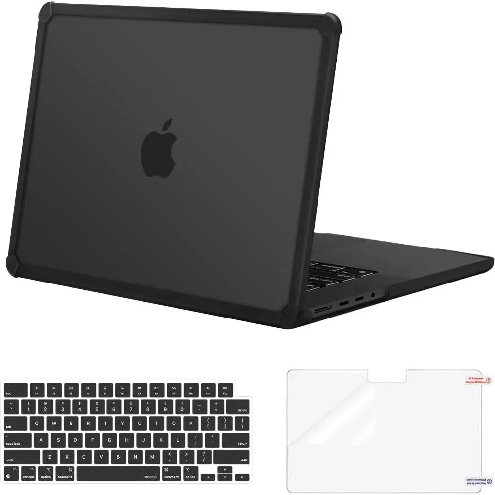 Heavy Duty 14 in MacBook Pro Protective Case (2021-2025 M4 M3 M2 M1 A3112 A3185 A3401 A2918 A2992 A2779 A2442) - Transparent Plastic Hard Shell with Anti-Cracking TPU Bumper, Includes Keyboard Skin and Screen Protector, Black, Full Coverage