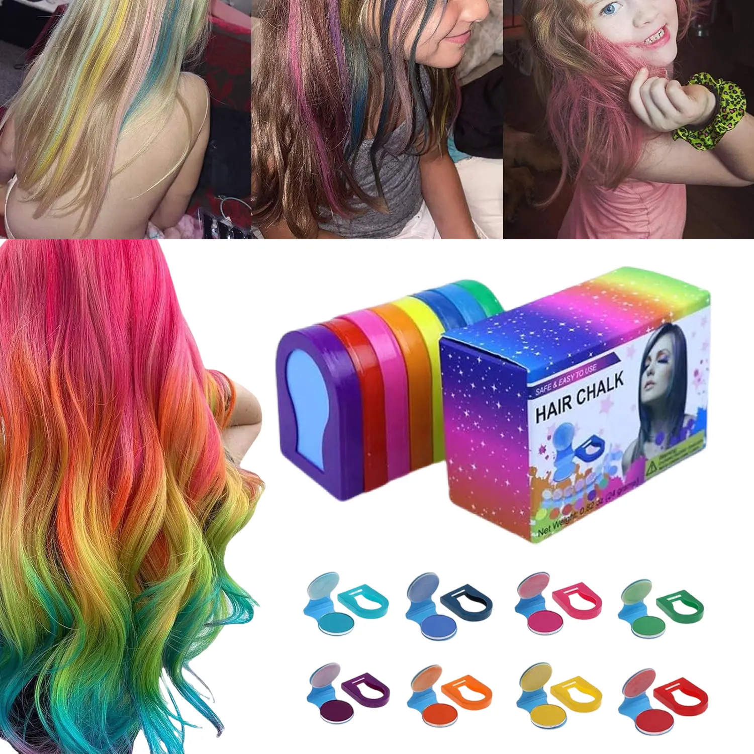 8 Colors Temporary Hair Chalk for Kids, Vibrant Washable Non-Sticky Hair Dye, Colorful Hair Crayon for Dark & Blonde Hair, Ideal for Party Halloween Cosplay