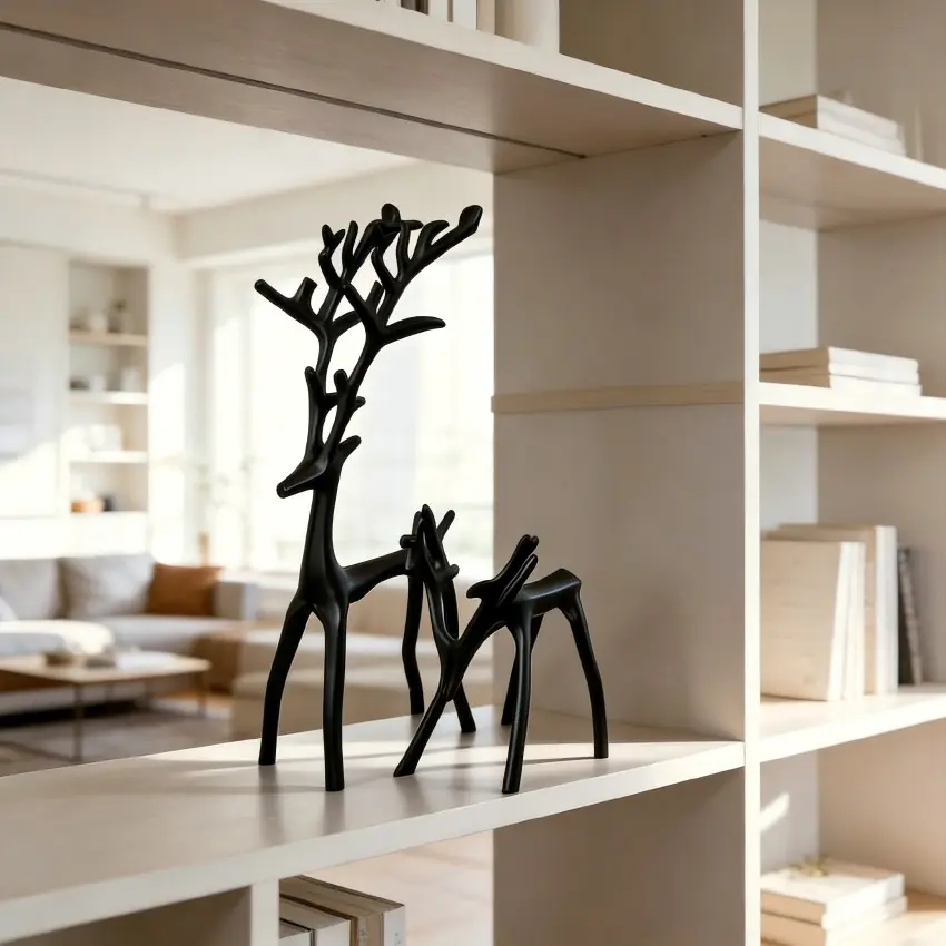 Two-piece set (one large and one small) of elegant, slender black reindeer metal statues, a popular choice for Christmas decorations in 2026, featuring a modern minimalist design with Art Deco style.