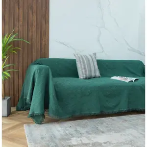 Dark Green Diamond/Dark Green T-shaped Grid/Dark Green Cross Shaped Grid,Deep Green Textured Waffle Weave Sofa Throw Blanket, Minimalist Simple Style Fringed Couch Cover, Dustproof Sofa Slipcover, All-Season Sofa Pad & Multi-Use Decorative Throw