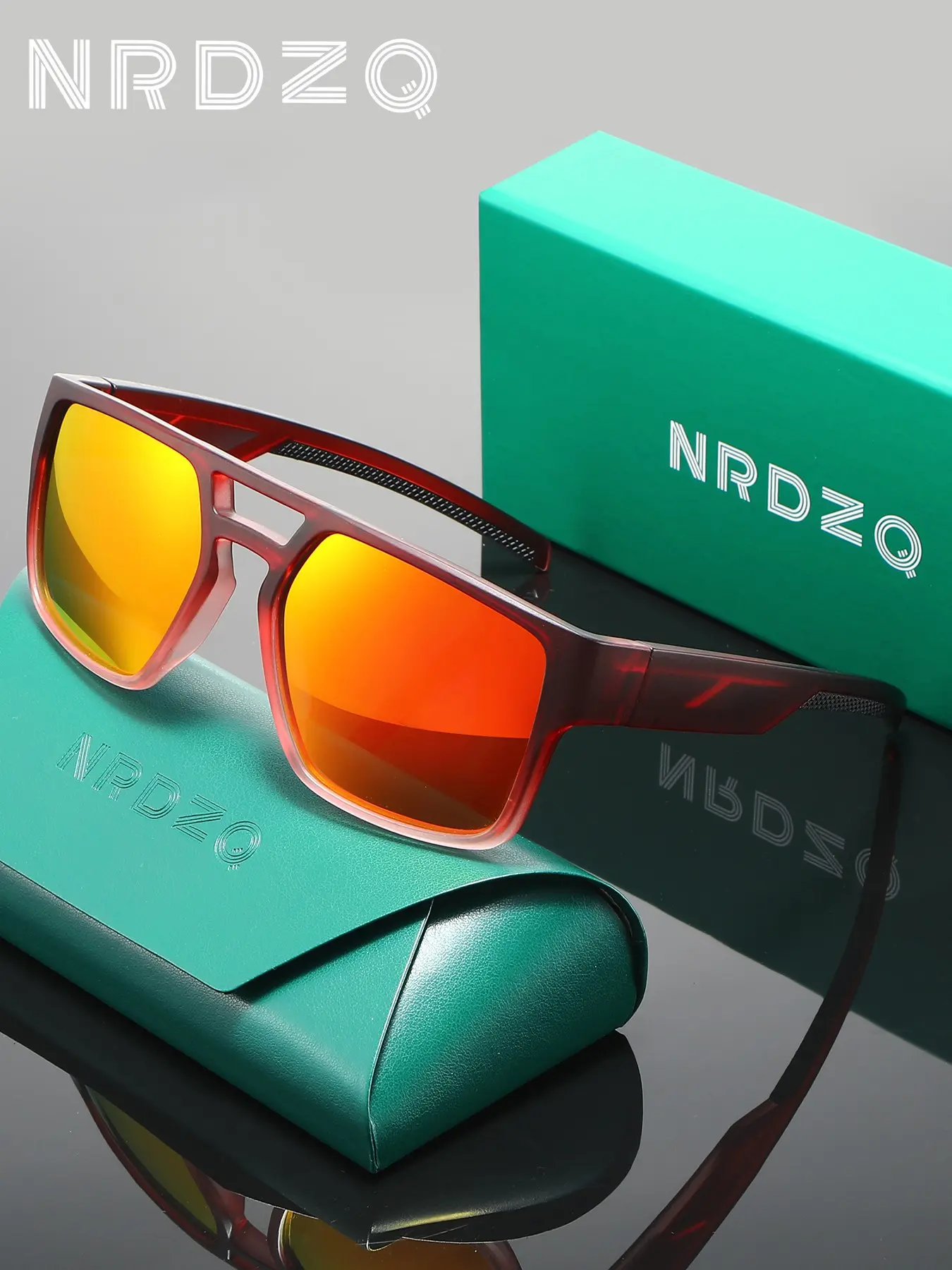 NRDZQ Trendy Double Bridge Square Sports Sunglasses Polarized Red Mirror Lens UV400 Protection Red Gradient Frame Men Women Outdoor Cycling Driving Sun Glasses With Gift Case