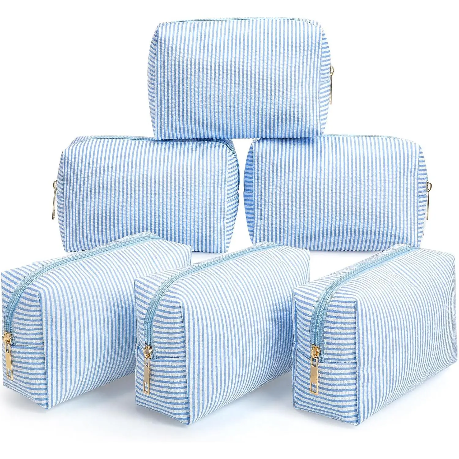 SICANDAENHK 6 Pcs Water-Resistant Seersucker Makeup Bags Bulk, Striped Zippered Light Blue Home Organizer Storage Bags