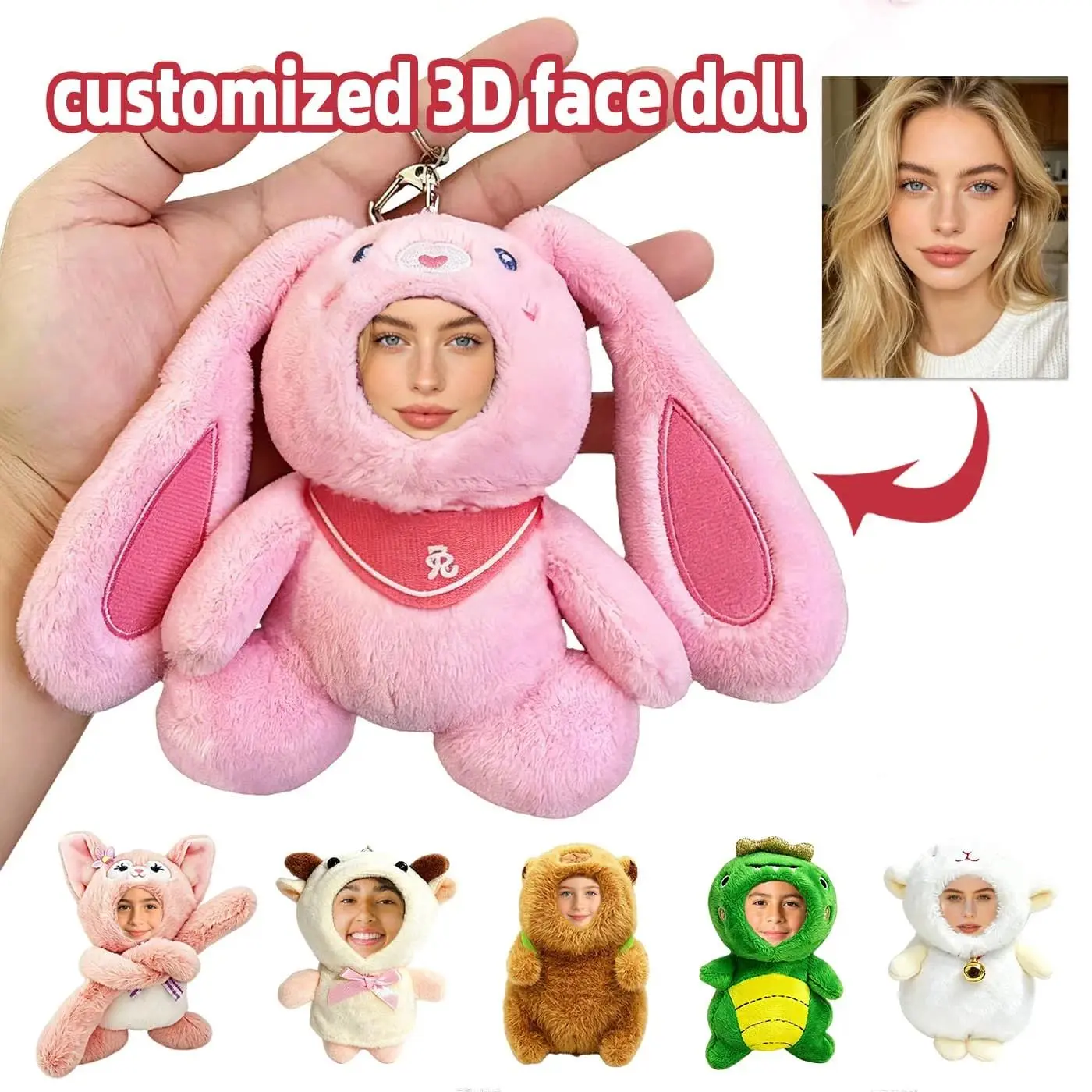 Custom 3D Face Plush Doll Keychain, Personalized Photo Face Soft Stuffed Animal Pendant, Valentine Birthday Gift for Couple