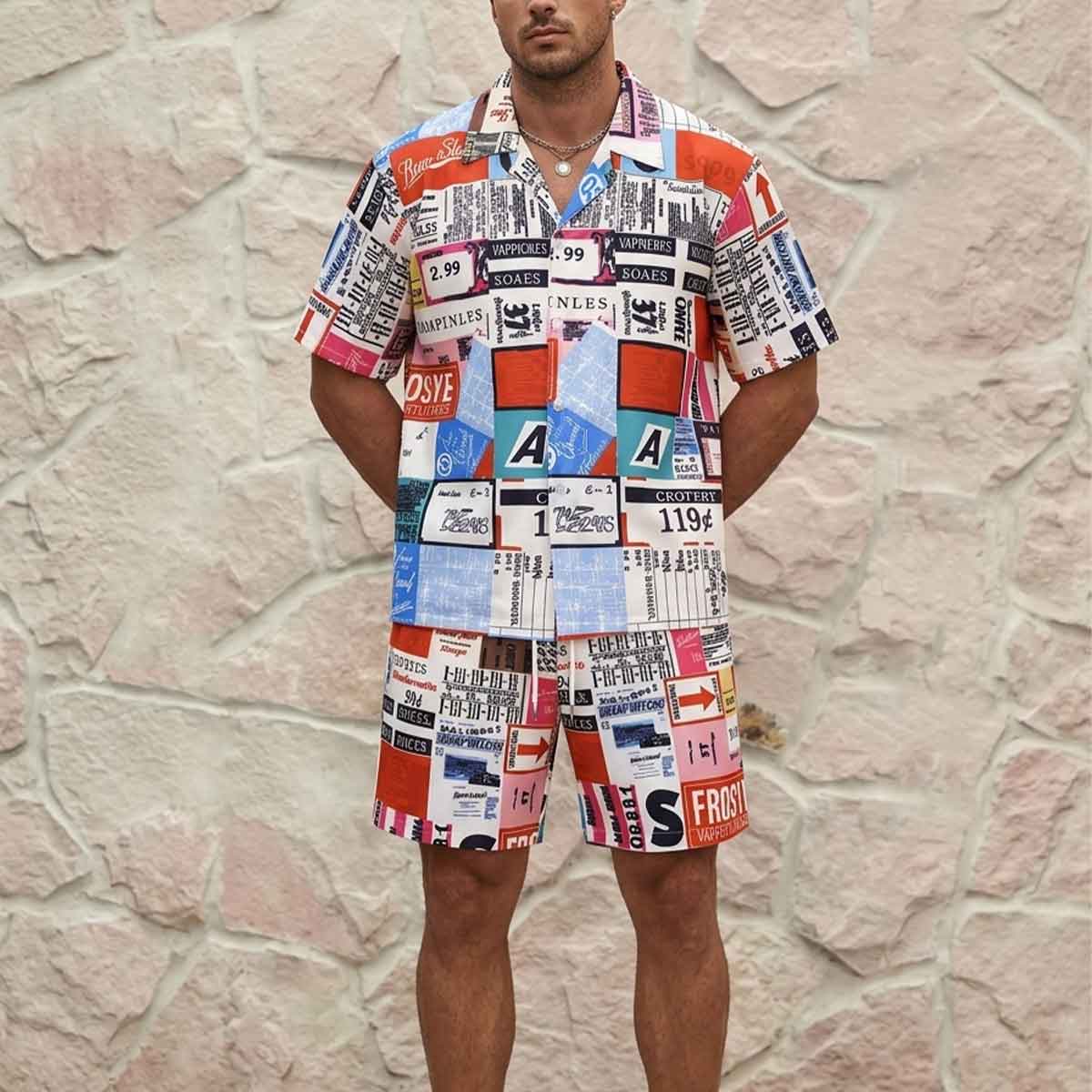 Statement Resort Mens Graphic Collage Print 2 Piece Outfit Loose Fit Drawstring Shorts Set for Vacation Wear and Street Style