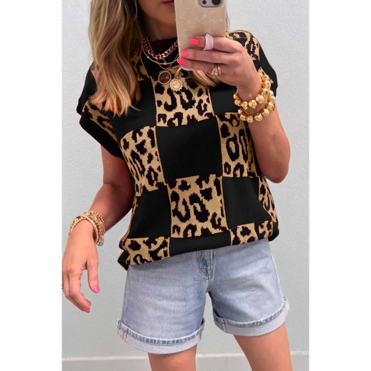 Black Leopard Checkerboard Short Sleeve Knit Sweater
