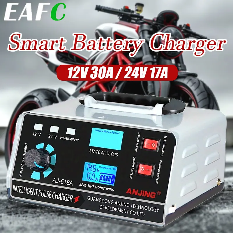 12V 30A/24V 17A Smart Car Battery Charger 400W Lithium Battery Charger & Maintainer, Auto Battery Charger Maintainer With Dual digital LED display Lead Acid AGM Battery Charger for Car, Truck, Motorcycle, SUVs, Motorcycle Emergency Kits