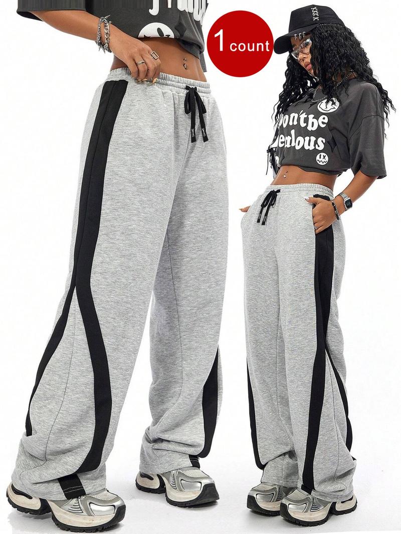 Women's Patchwork Side Stripe Drawstring Waist Sweatpants, Casual Elastic Waist Pocket Jogger Pants for Fall & Winter, Women's Trousers for Daily Wear, Baggy Pants