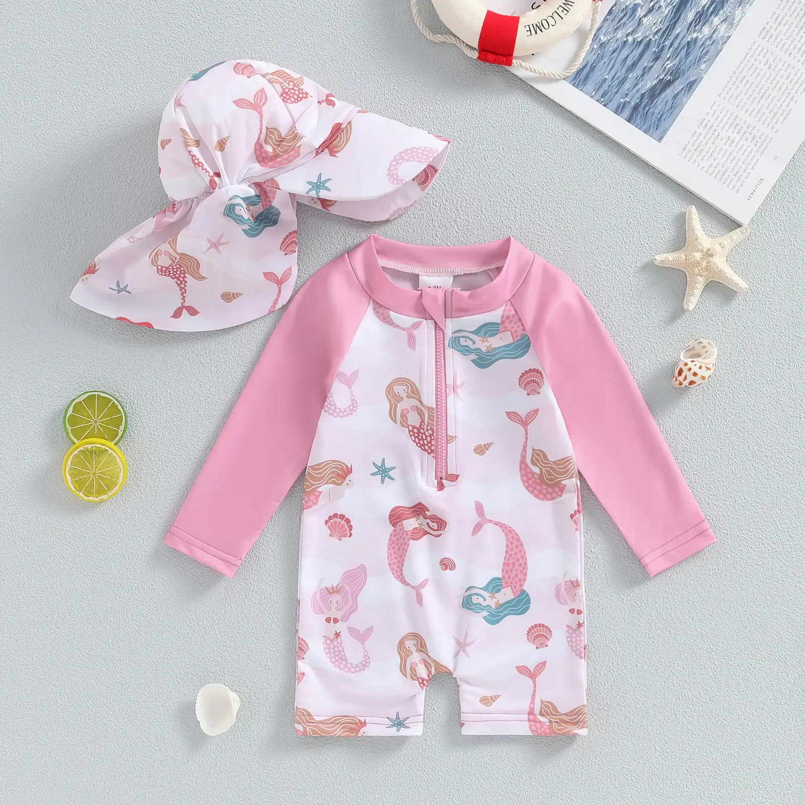 Toddler Baby Girl Boy Rash Guard Swimsuit with Hat Long Sleeve Floral Zip  Bathing Suit Summer Swim Jumpsuit