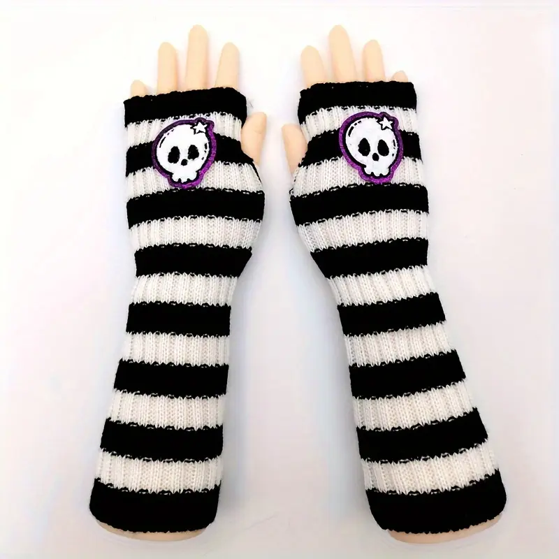 [Gothic Fingerless Gloves] Y2K Gothic Fingerless Gloves - Skull Design Striped Punk Arm Warmers for All Genders, Fall And Winter, School And Concerts
