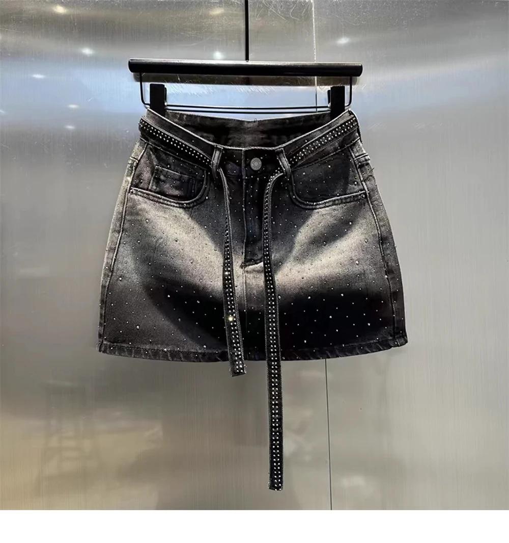 Oversize Retro Diamond Denim Mini Skirt for Women Summer High Waist Shiny Rivet Slim Skirts Gradient Black Grey Jean Skirts, Womenswear Bottom Palda Basic Minimalist