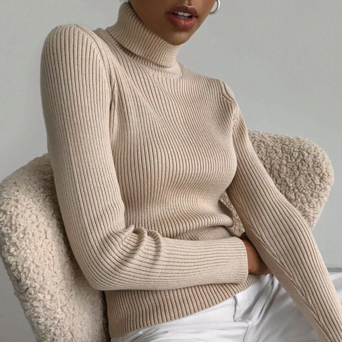 Women High Turtleneck Ribbed Knit Sweater Slim Fit Long Sleeve Basic Thermal Pullover Top