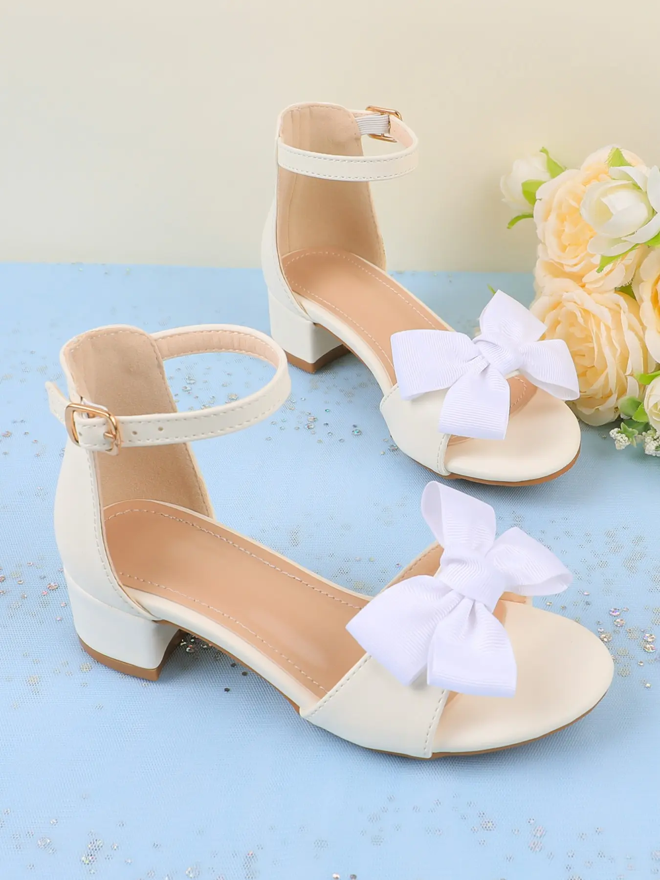 Girls' Party Bow Decorated Sandals, Open-Toe Anklet High Heel Shoes, Bow Decoration, Wedding Dance Shoes, Toddler & Big Kid Sizes, PU Leather, Rubber Sole
