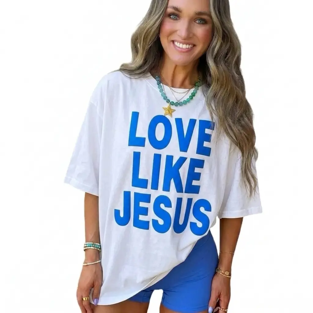 Men's Oversized Baggy Loose Puff-Printed T-Shirt - Dark Camo, Heart Jesus Love Like Jesus Graphic, Foldable, All-Seasons Trendy Streetwear Comfortable Casual Sports Top, Tshirt, Cotton, Crew Neck, Round Neck, Medium Length, Loose-Fit