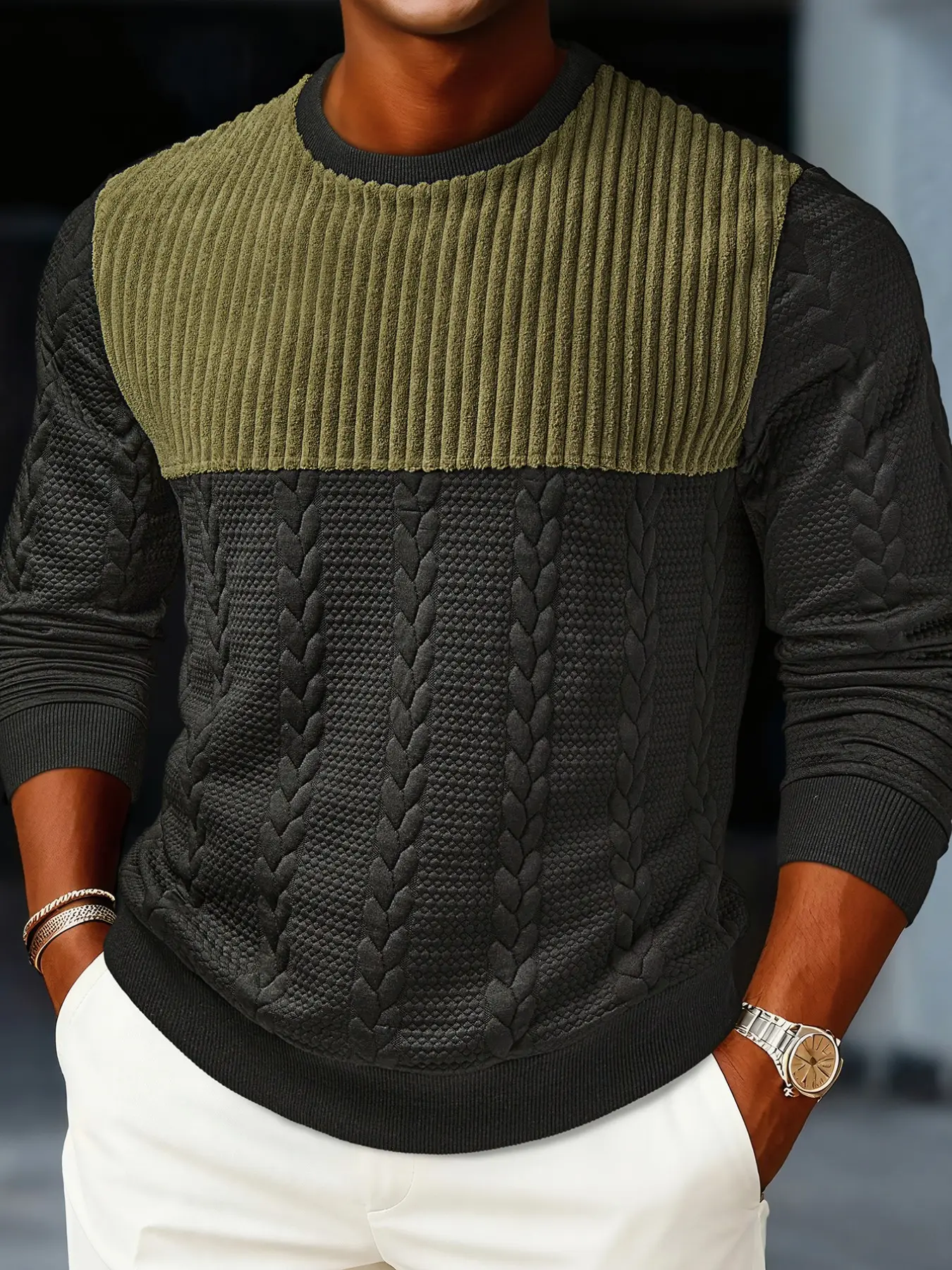 Men's Long Sleeve Colorblock Houndstooth Round Neck Sweatshirt, Loose Fit, Warm and Comfortable, Fall Winter Casual Fashion Top