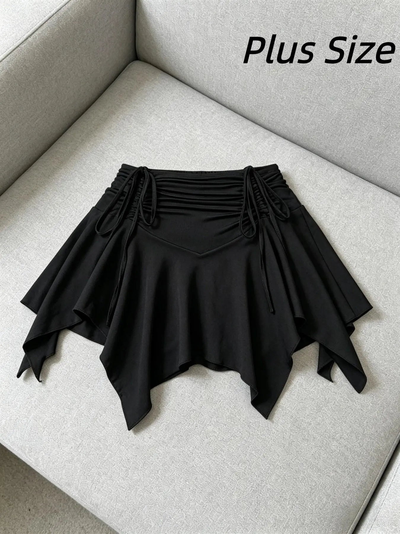 Plus Size Summer Sweet Cool Casual Adjustable Drawstring Pleated Asymmetrical Women Feminine Skirt, High Waist Slimming Hot Girl Versatile A-Line Midi Skirt, Minimalist