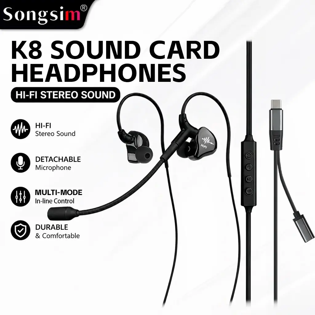 K8 In-Ear Headphones, Audio Earbuds with Detachable Microphone, Dual Type-C Ports Support Live Streaming While Charging, 4-Button Inline Control for Reverb Adjustment, Hi-Fi Stereo Perfect for Game Live Streaming, Podcasting & Singing