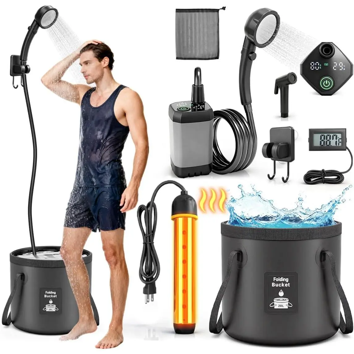 Portable Shower with Heater 6000mAh Rechargeable Camping Shower with LED Display, 3 Spray Modes, IPX7 Waterproof Shower Pump Foldable Bucket Outdoor Showering for Travel