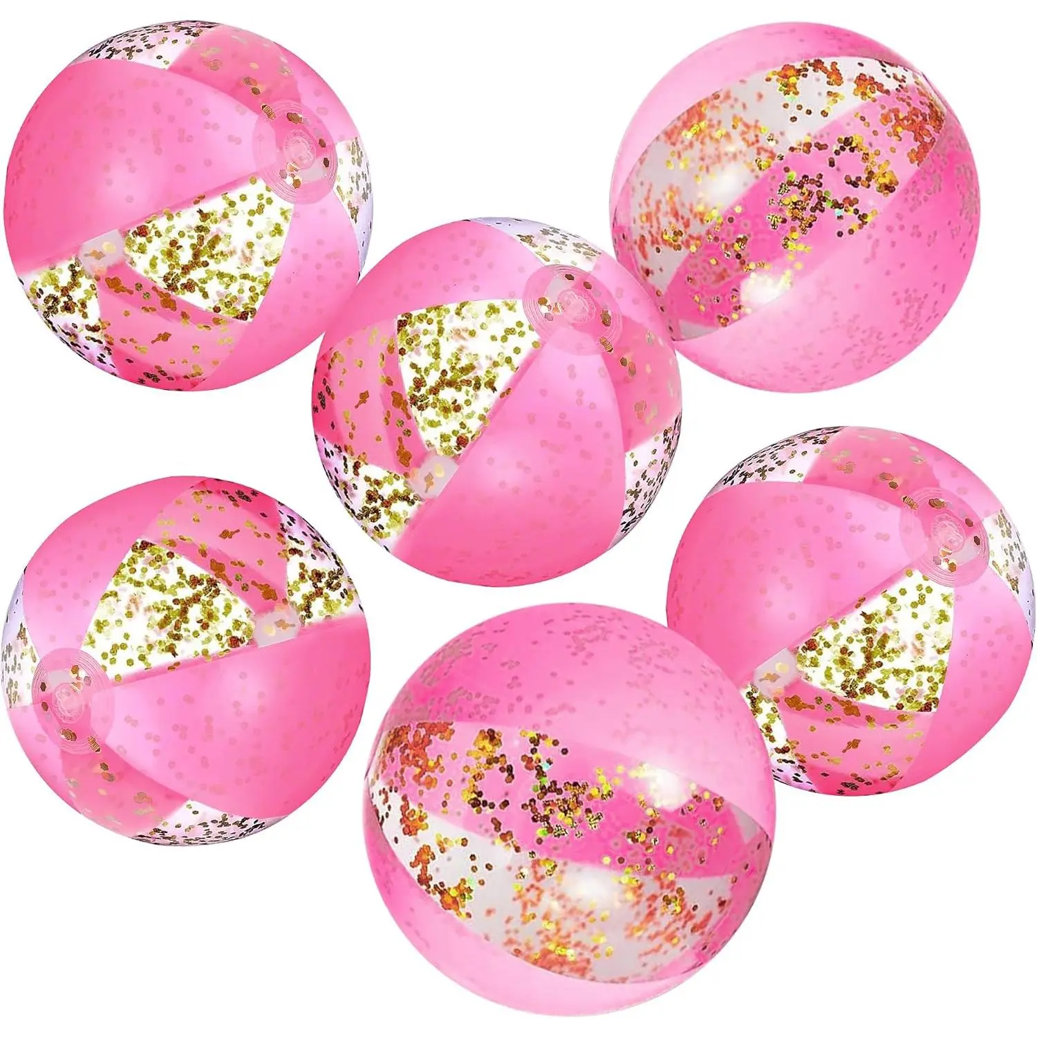 6 Pcs 12 Inch Inflatable Glitter Beach Balls - Large Pink Pool Party Decorations with Confetti, Summer Swimming Pool Supplies for Outdoor Fun
