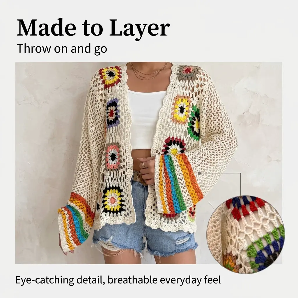 Women's Boho Granny Square Crochet Cardigan - Open-Front Long Bell Sleeve Hollow Knit Sweater Jacket, Colorful Patchwork Hippie Cover-Up for Spring Beach Vacation, Breathable Casual