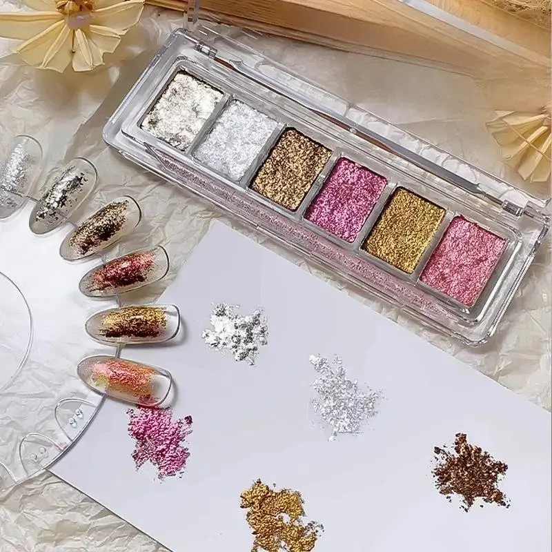 6-Color Solid Nail Art Glitter Palette – Iridescent Shimmering Aurora Brocade Mud Pigment, Mess-Free Chrome Powder for Gel Nails, Nail Art Supplies