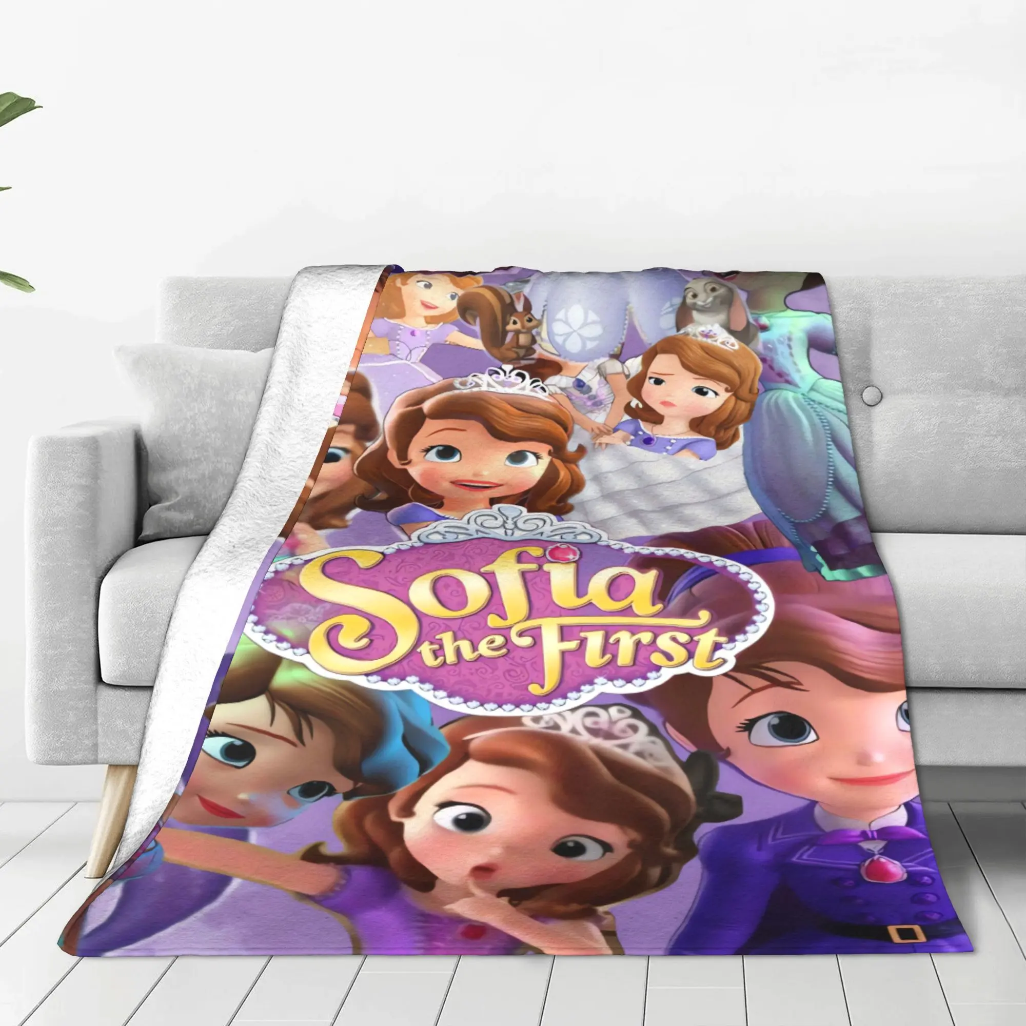 Princess Sofia Cartoon Theme Character Print Flannel Throw Blanket, Anti-Pilling Lightweight, Purple Background, for Bedroom Sofa Couch, Home & Travel, Children Girl Birthday Gift Home Decoration